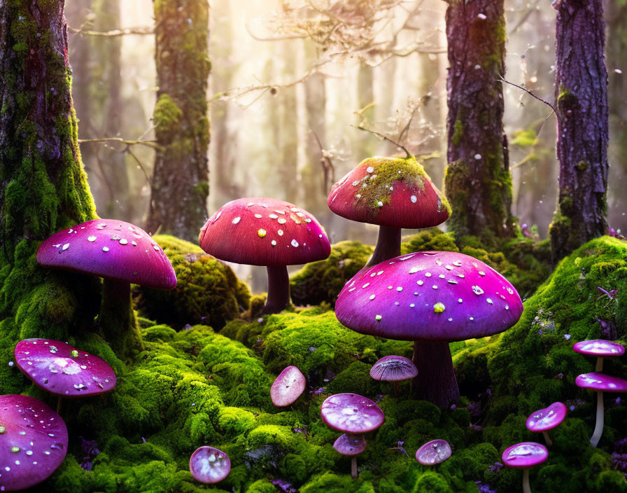 Vibrant Purple Mushrooms with White Spots in Mossy Forest Scene