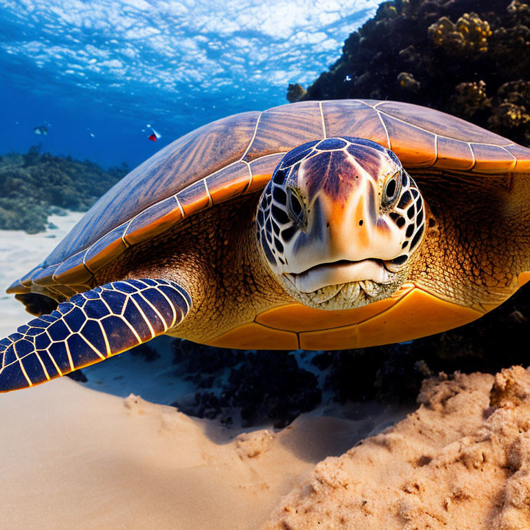 Sea Turtle Swimming Near Sandy Seabed in Clear Blue Water