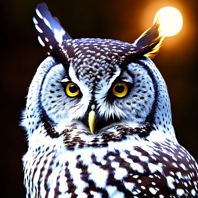Majestic owl with yellow eyes and patterned feathers in bokeh light