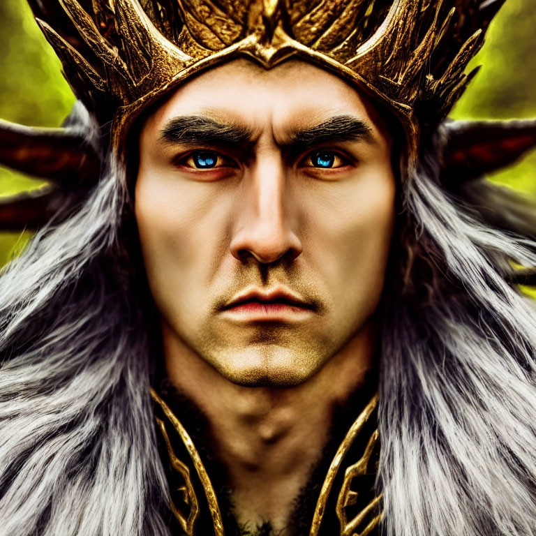 Majestic fantasy character with antlers and golden crown in digital art