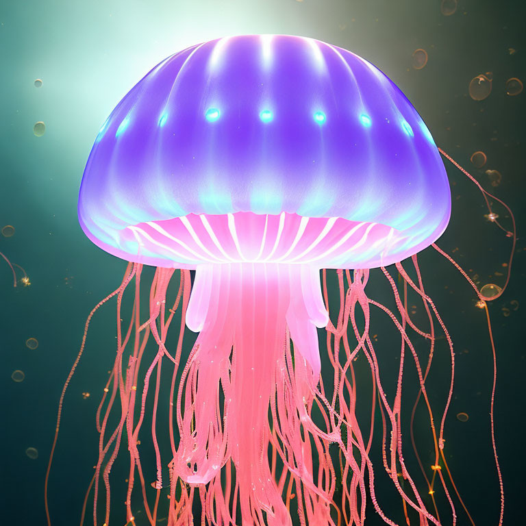 Bioluminescent pink and purple jellyfish with long tentacles underwater