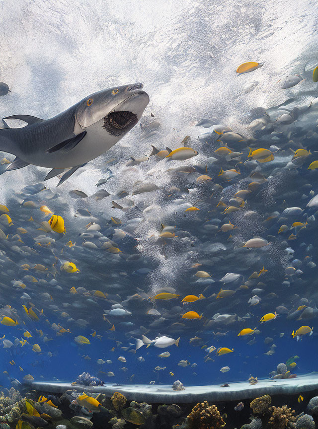 Shark swimming above yellow fish in ocean with sunlight filtering.
