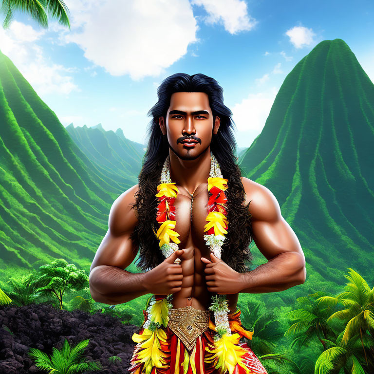 Muscular man in Polynesian attire with lei in front of lush mountains