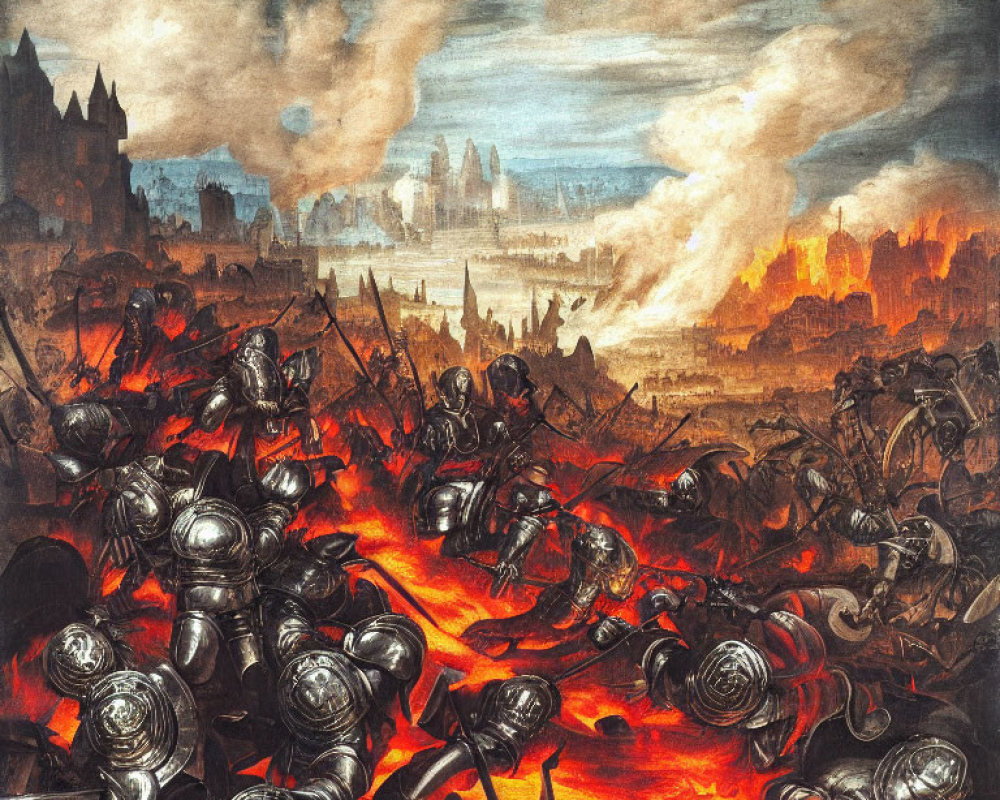 Warfare painting: Fiery battlefield with armored soldiers in burning city