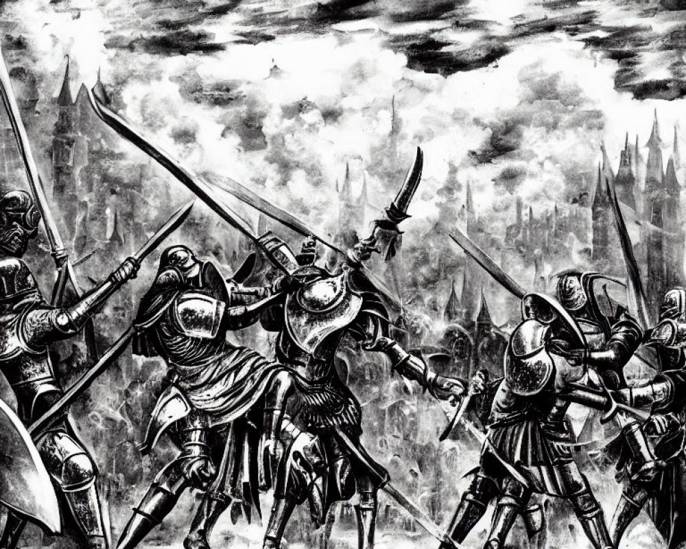 Monochromatic medieval battle scene with armored knights under dramatic sky