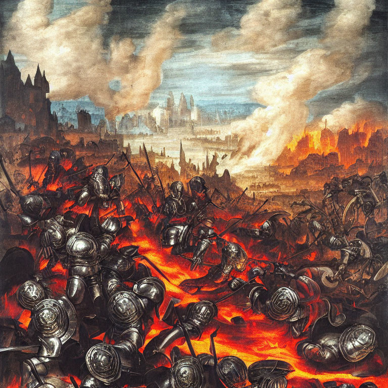 Warfare painting: Fiery battlefield with armored soldiers in burning city