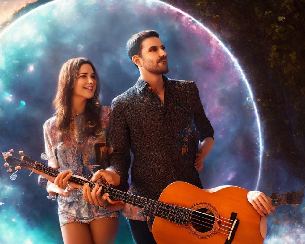 Man and woman holding guitar against cosmic background with nebula and stars.