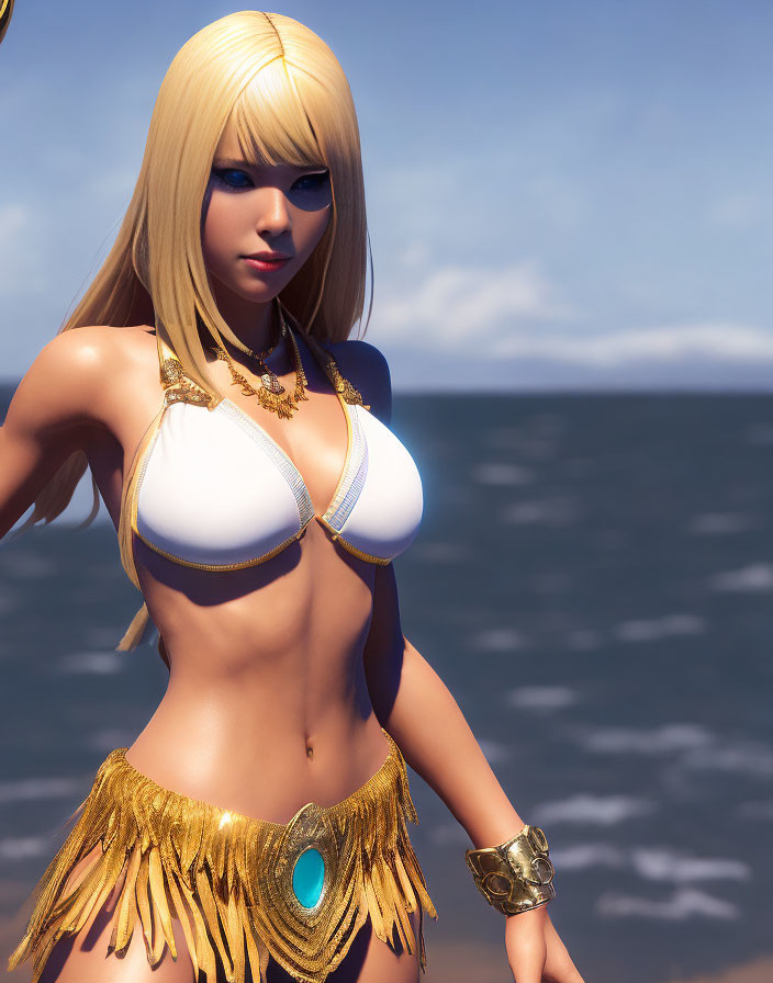 Blonde-haired female character in white and gold bikini by the sea