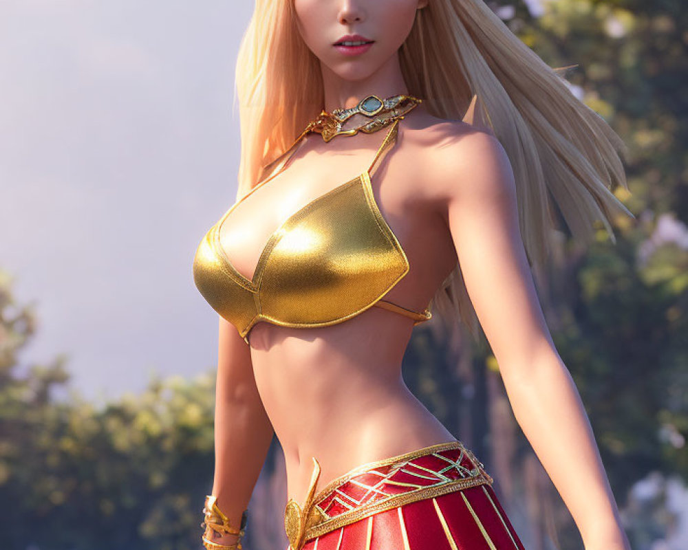 Blonde Female Figure in Fantasy Gold and Red Outfit