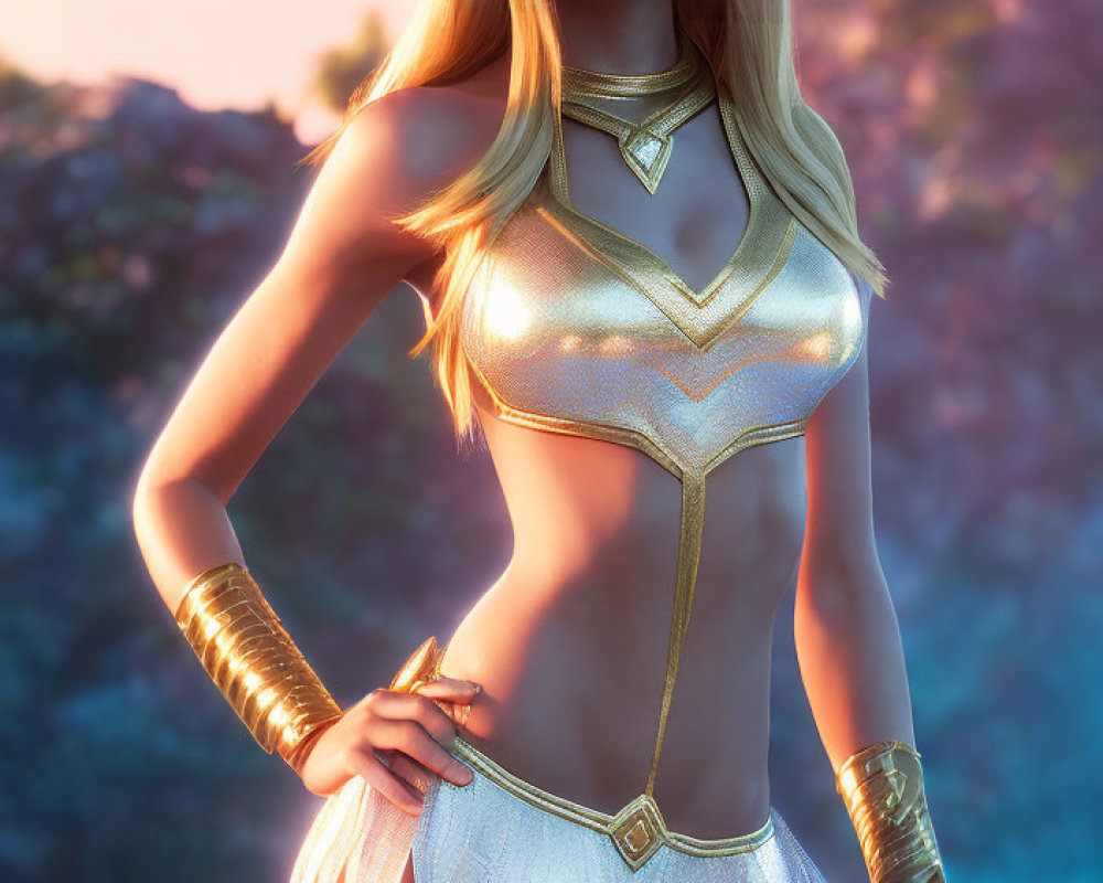 Blonde woman in golden fantasy outfit with serious expression against nature background