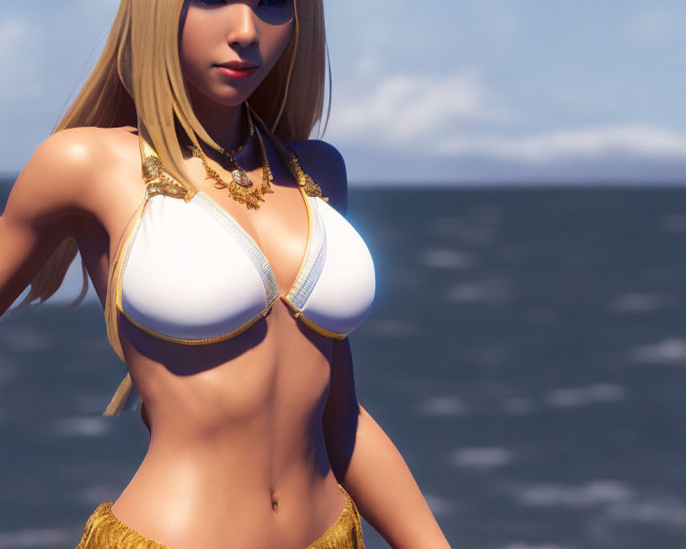 Blonde-haired female character in white and gold bikini by the sea