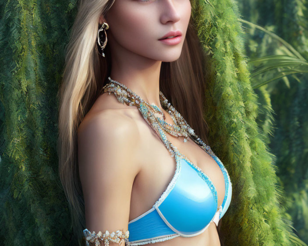 Blonde Woman in Blue Bikini Top with Jewelry Against Green Foliage
