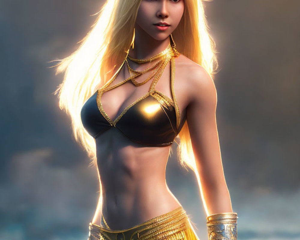Blonde Woman in Black and Gold Outfit with Moody Sky Background