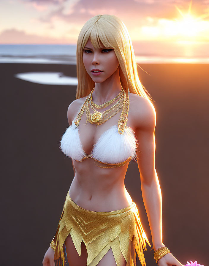 Blonde Female 3D Character in Tribal Outfit on Beach Sunset