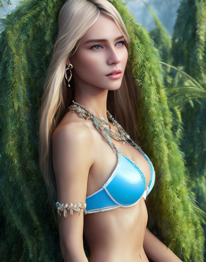 Blonde Woman in Blue Bikini Top with Jewelry Against Green Foliage