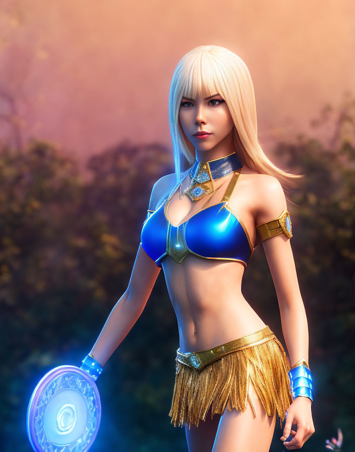Blond-Haired Female Character in Blue Armor with Glowing Shield