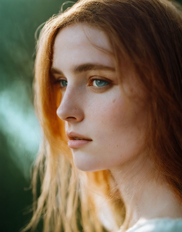 Close-up Portrait of Woman with Auburn Hair and Blue Eyes in Soft Sunlight