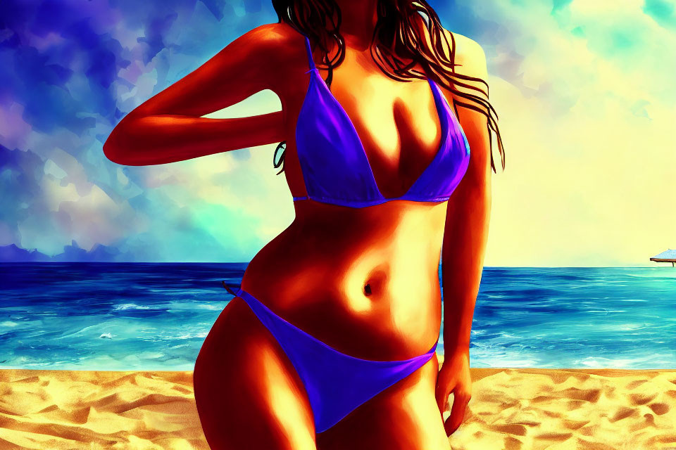 Digital artwork: Woman in blue bikini on beach with ocean view