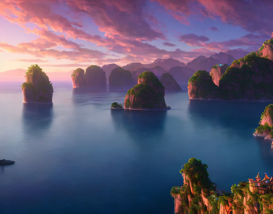 Tranquil sunrise seascape with limestone cliffs and pagoda