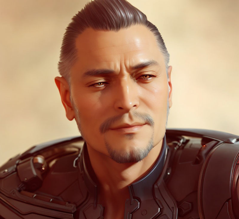 Man in Futuristic Black Armor with Slicked-Back Hair and Mustache