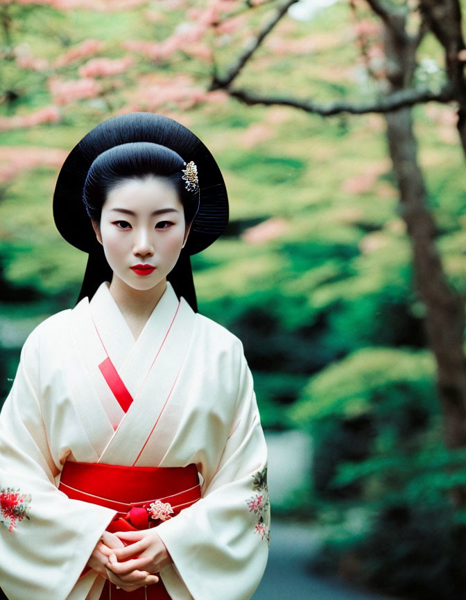 Traditional Japanese geisha in white kimono with red obi and elaborate hairstyle in garden.