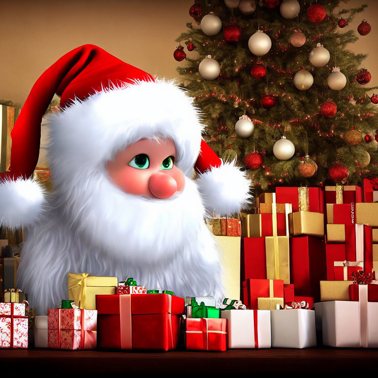 Cheerful Santa Claus with gift sack by Christmas tree and colorful gifts