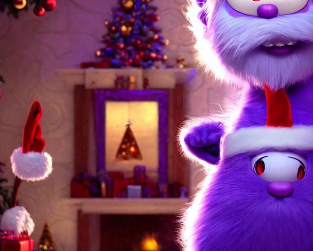 Purple creature in Santa hat in cozy Christmas room