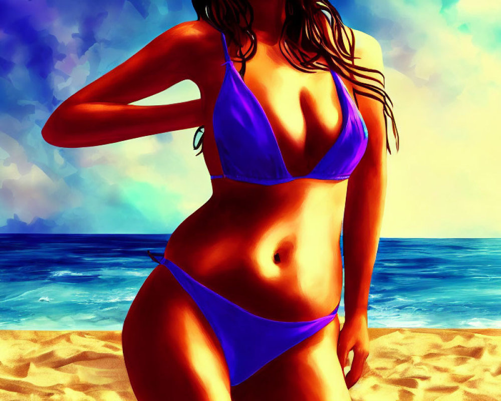 Digital artwork: Woman in blue bikini on beach with ocean view