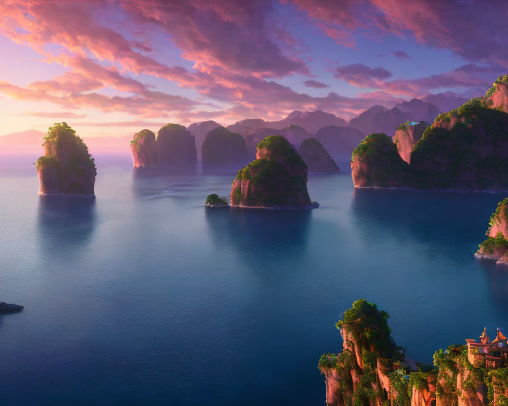 Tranquil sunrise seascape with limestone cliffs and pagoda
