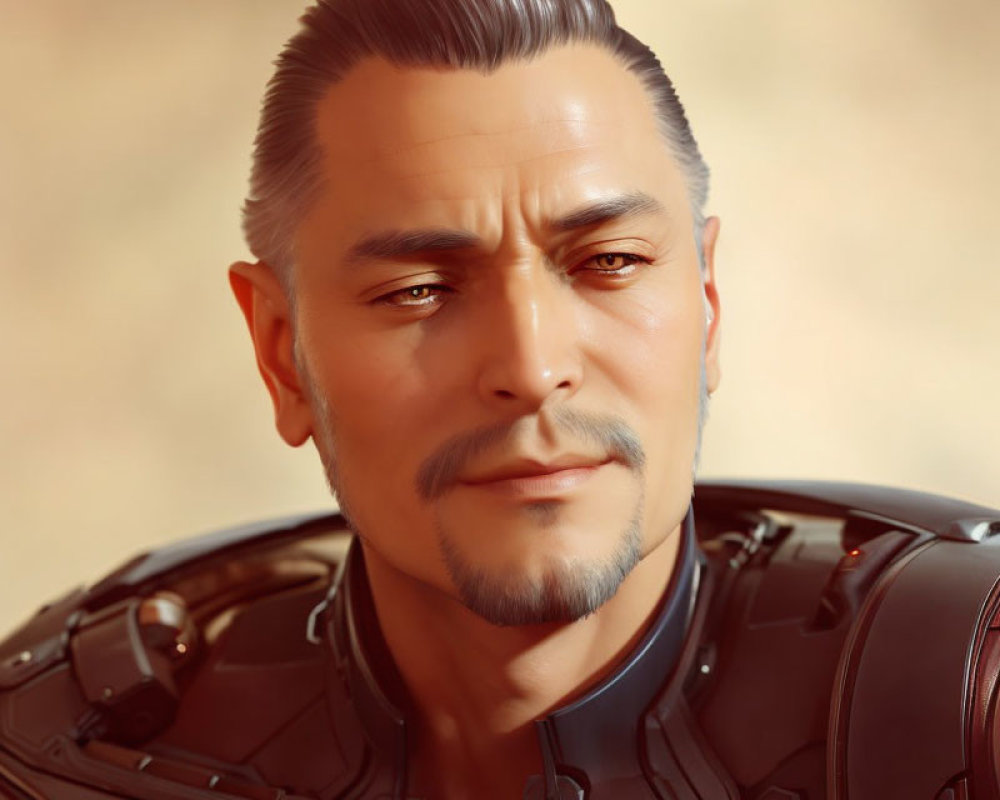 Man in Futuristic Black Armor with Slicked-Back Hair and Mustache