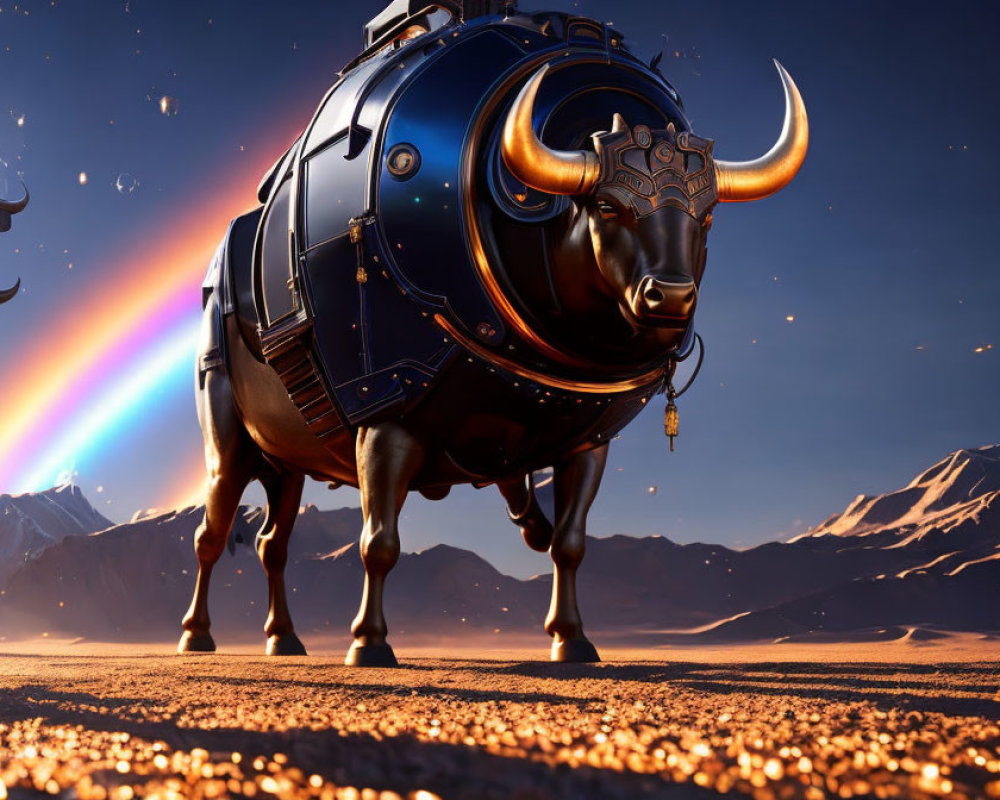 Intricately designed mechanical bull on desert landscape with mountains and rainbow