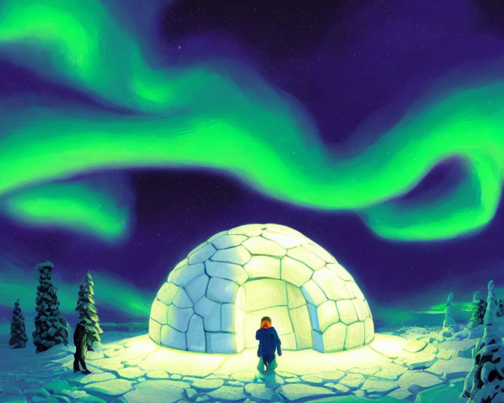 Person standing by igloo under aurora borealis in snowy night landscape