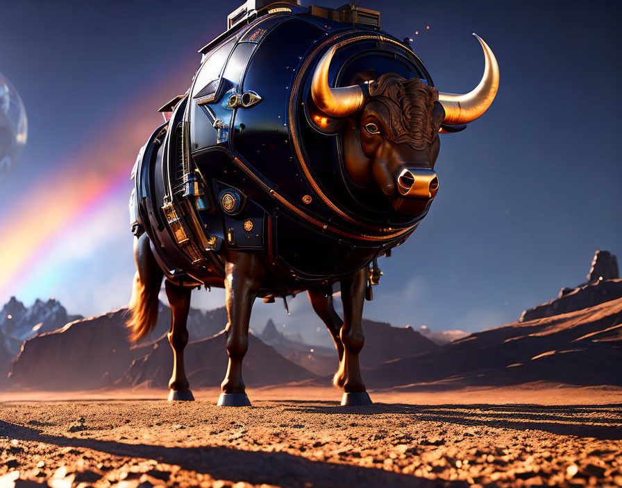 Intricately designed mechanical bull in barren landscape with mountains and rainbow anomaly