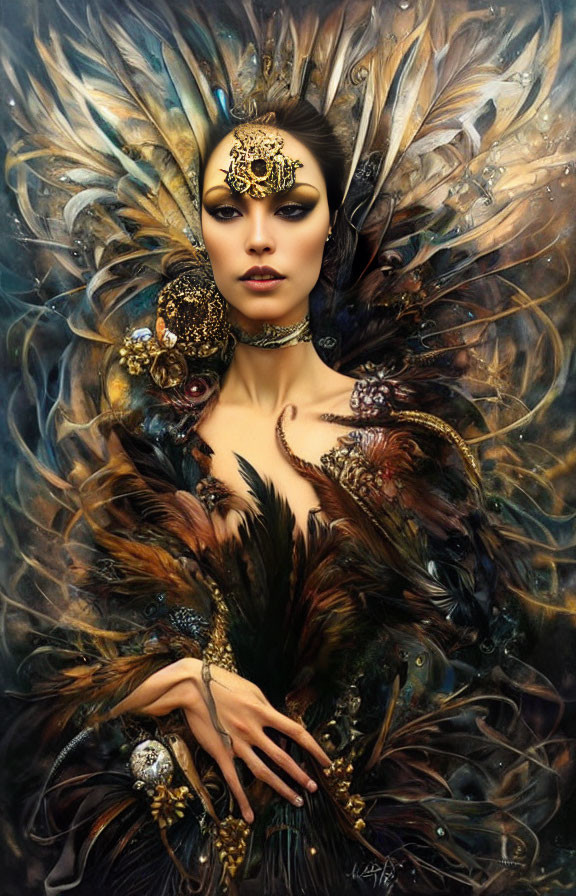 Fantasy illustration: Woman with golden head jewelry and feathered accents