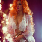 Vibrant orange-haired woman in white costume with golden accessories on soft light backdrop