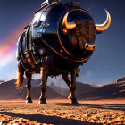 Intricately designed mechanical bull on desert landscape with mountains and rainbow