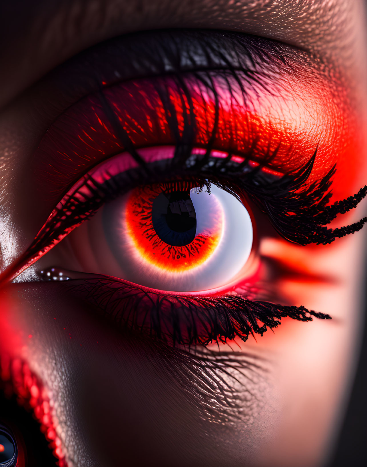Detailed Close-Up of Eye with Red Eyeshadow and Mascara