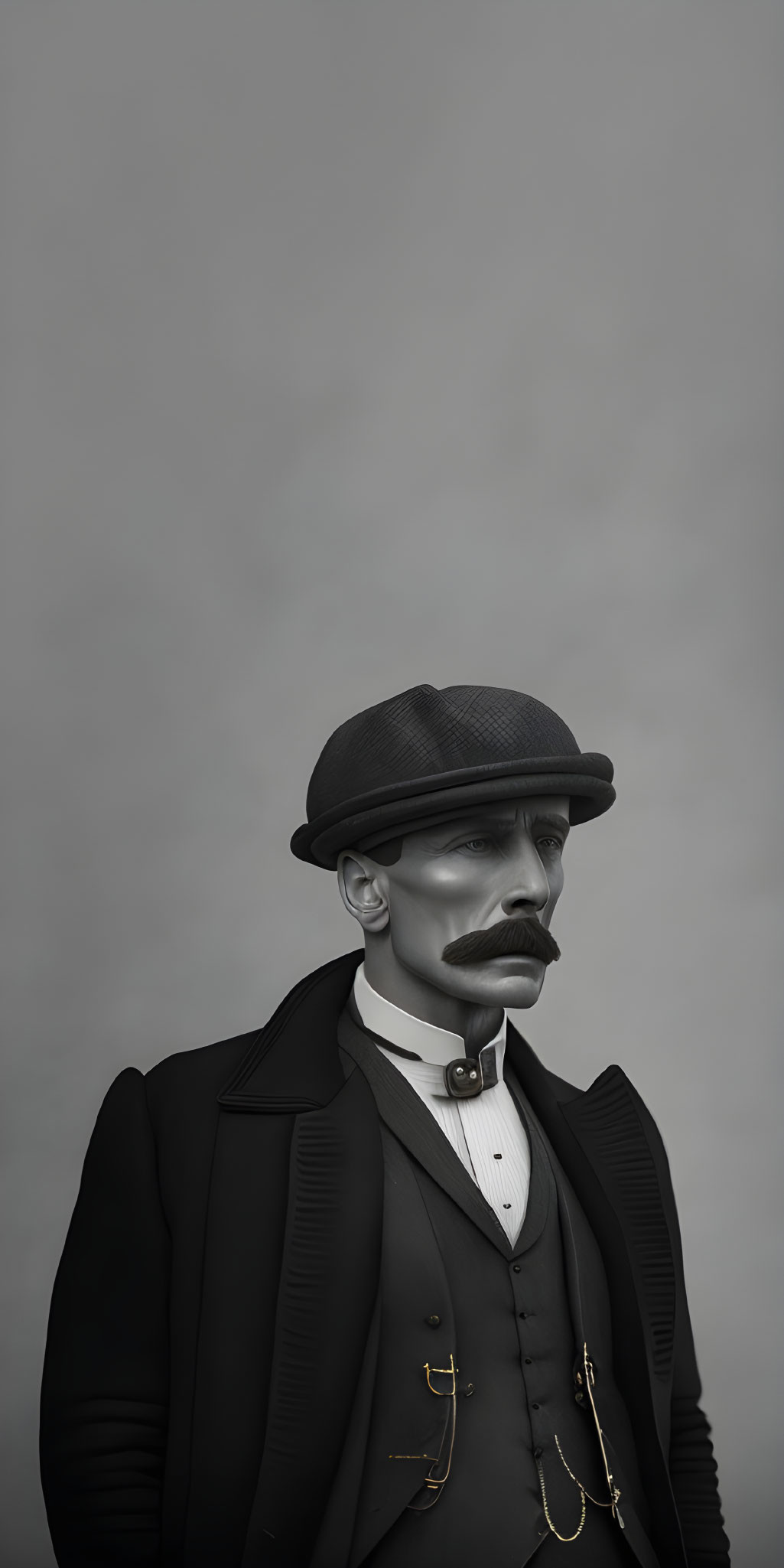 Vintage-style monochrome portrait of a stern man with a mustache and vintage attire.