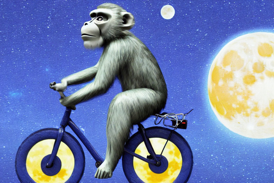 Monkey riding cheese-wheel bicycle in space with moons and stars