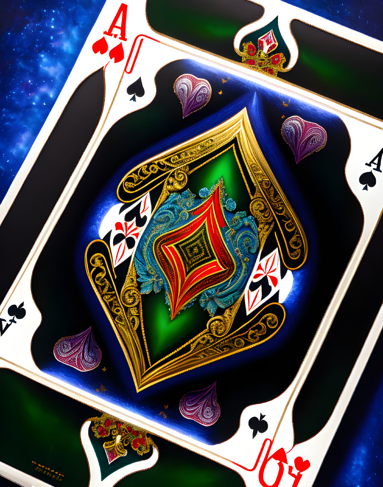 Colorful Ace of Spades Card with Ornate Designs on Space Background