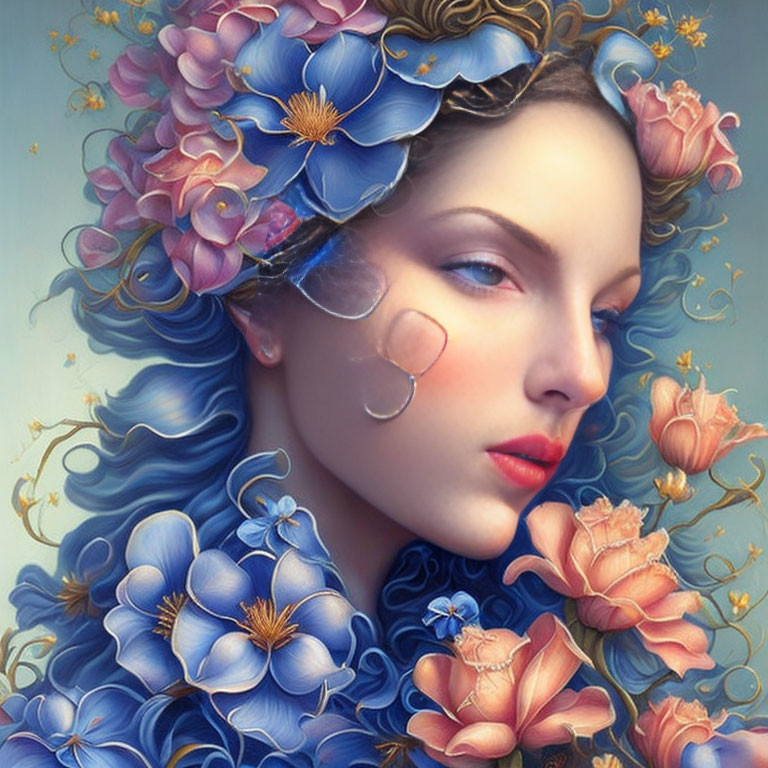 Woman portrait with blue flowers, bubbles, and floral elements in soft, fantastical art style