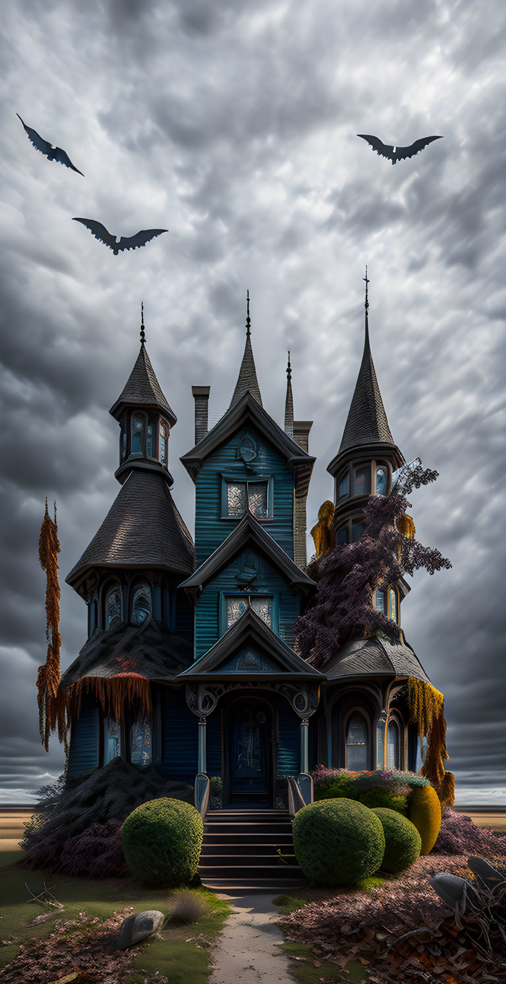 Eerie Victorian house with flying bats and purple foliage