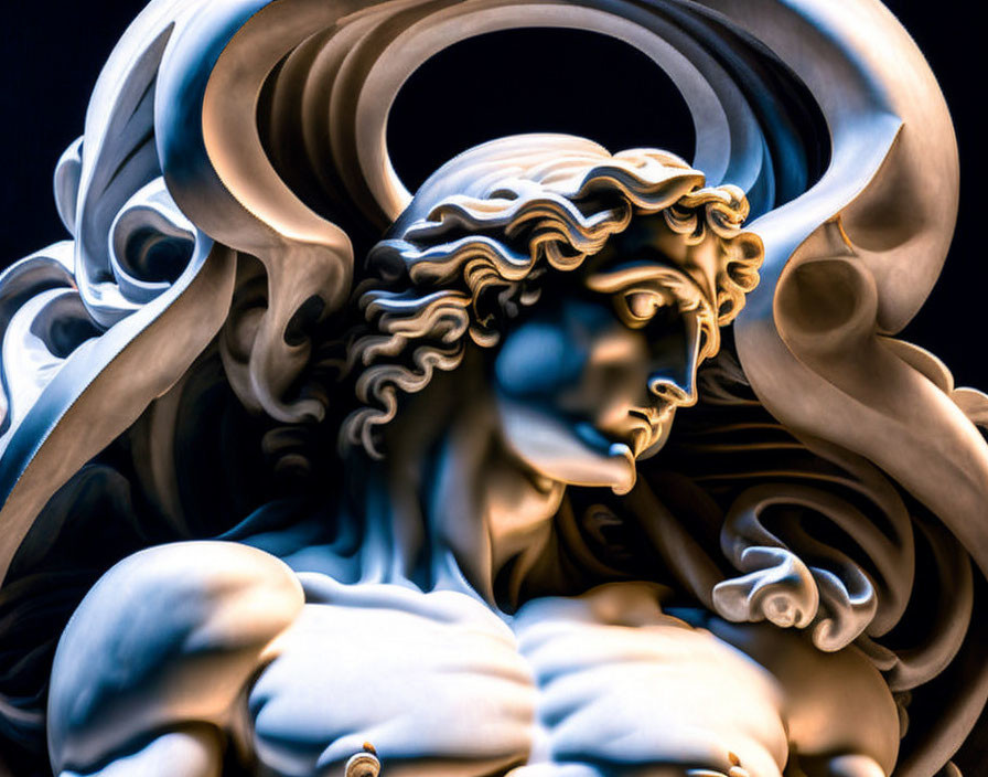 Detailed Close-Up of Classic Sculpture: Strong, Expressive Face with Swirling Drapery