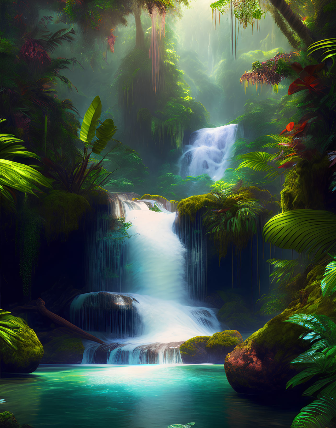 Lush Tropical Forest with Cascading Waterfall and Greenery
