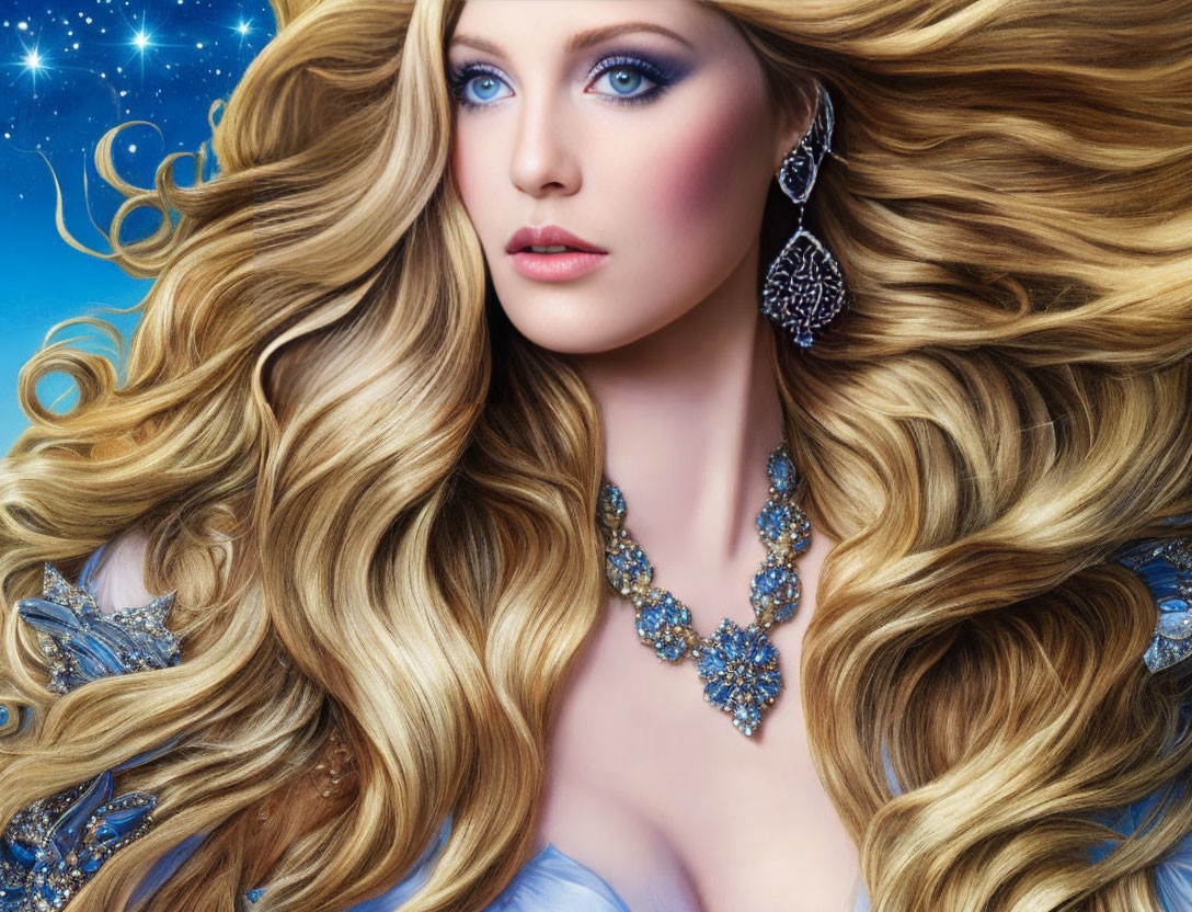 Blonde woman with wavy hair in blue outfit and jewelry on starry backdrop