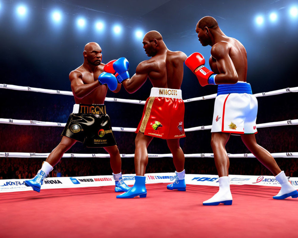 Three animated boxers in a ring under bright lights with audience