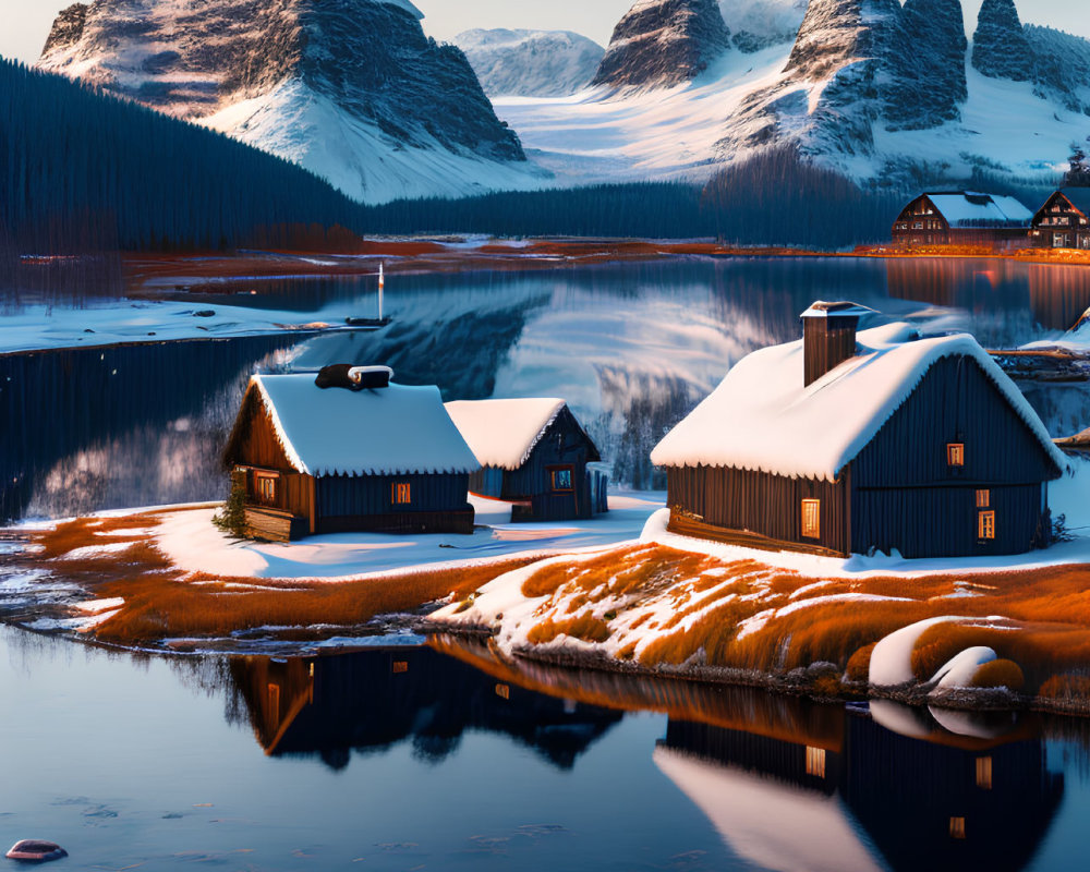 Scenic snow-covered cabins by a tranquil lake at sunrise or sunset