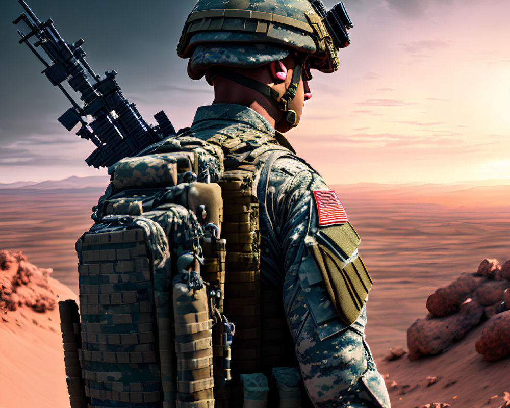 Soldier in Camo Gear Observing Desert Landscape at Sunset