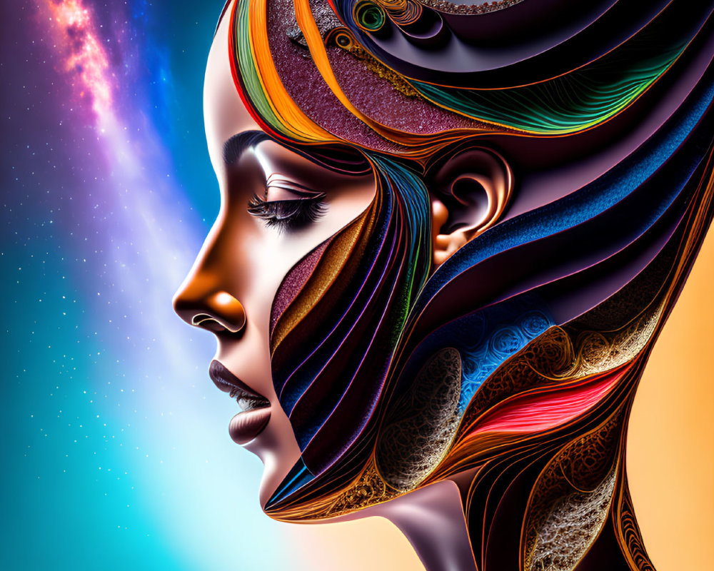 Colorful digital artwork of woman's profile with abstract hair blending cosmic and earthly elements