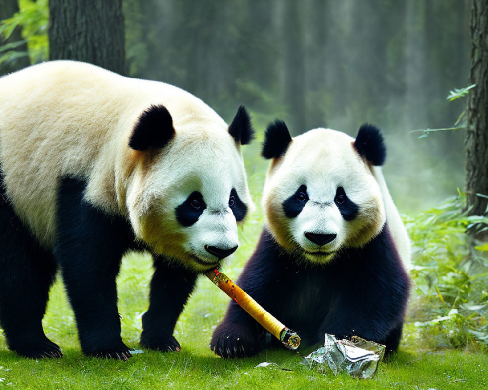 Misty forest scene with two pandas, one standing with bamboo stick.